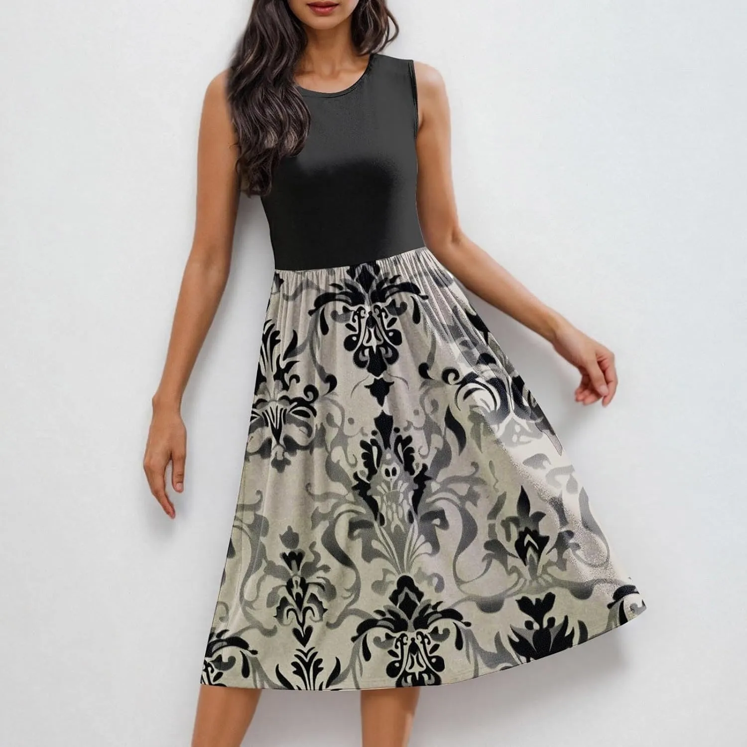 Sexy Summer Dresses for Women Sleeveless Floral Midi Dress Crew Neck Ruffle Dress Holiday Vacation Outfits