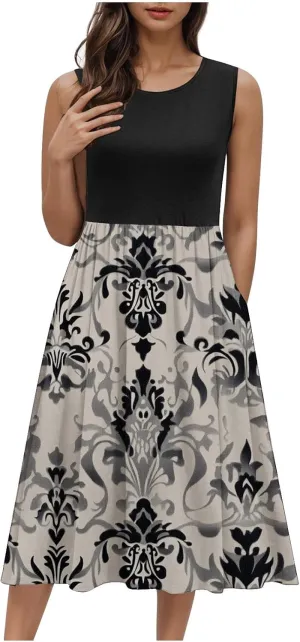 Sexy Summer Dresses for Women Sleeveless Floral Midi Dress Crew Neck Ruffle Dress Holiday Vacation Outfits