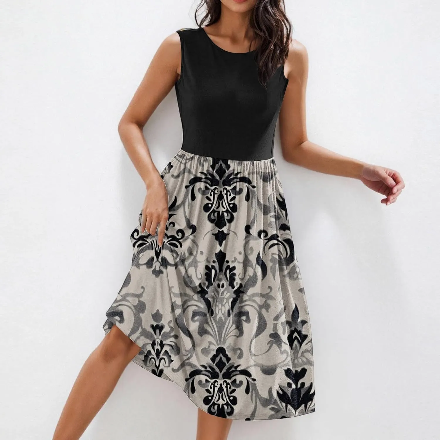 Sexy Summer Dresses for Women Sleeveless Floral Midi Dress Crew Neck Ruffle Dress Holiday Vacation Outfits