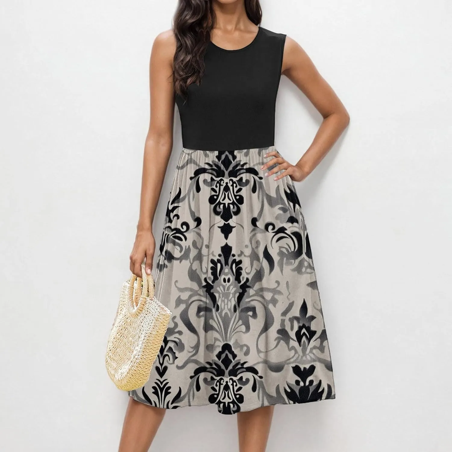 Sexy Summer Dresses for Women Sleeveless Floral Midi Dress Crew Neck Ruffle Dress Holiday Vacation Outfits