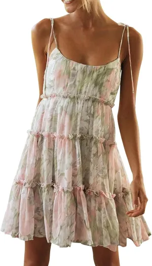 Short Dress for Women Chiffon Floral Mini Skater Dress Flowy Smocked Sun Dresses Cute Teen Spaghetti Strap Tiered Dresses