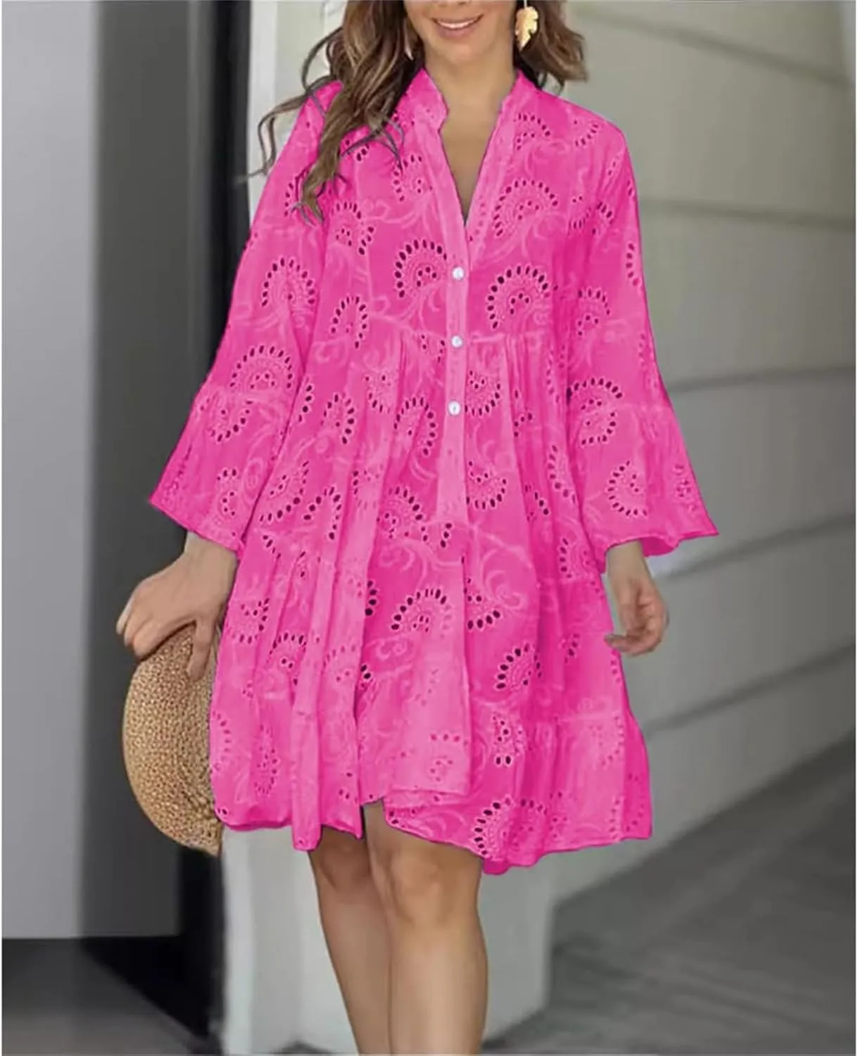 Short Dresses for Women Casual Summer Mini Dress Crochet Plus Size Button Down V Neck Dress T Shirt Beach Sundress