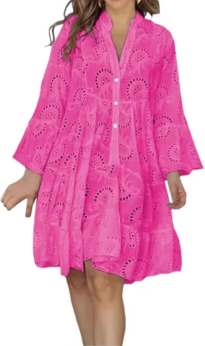 Short Dresses for Women Casual Summer Mini Dress Crochet Plus Size Button Down V Neck Dress T Shirt Beach Sundress
