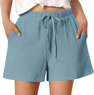 Shorts for Women 2025 Trendy Summer Elastic Beach Shorts with Pockets Linen Solid High Rise Travel Pants Loose Fashion