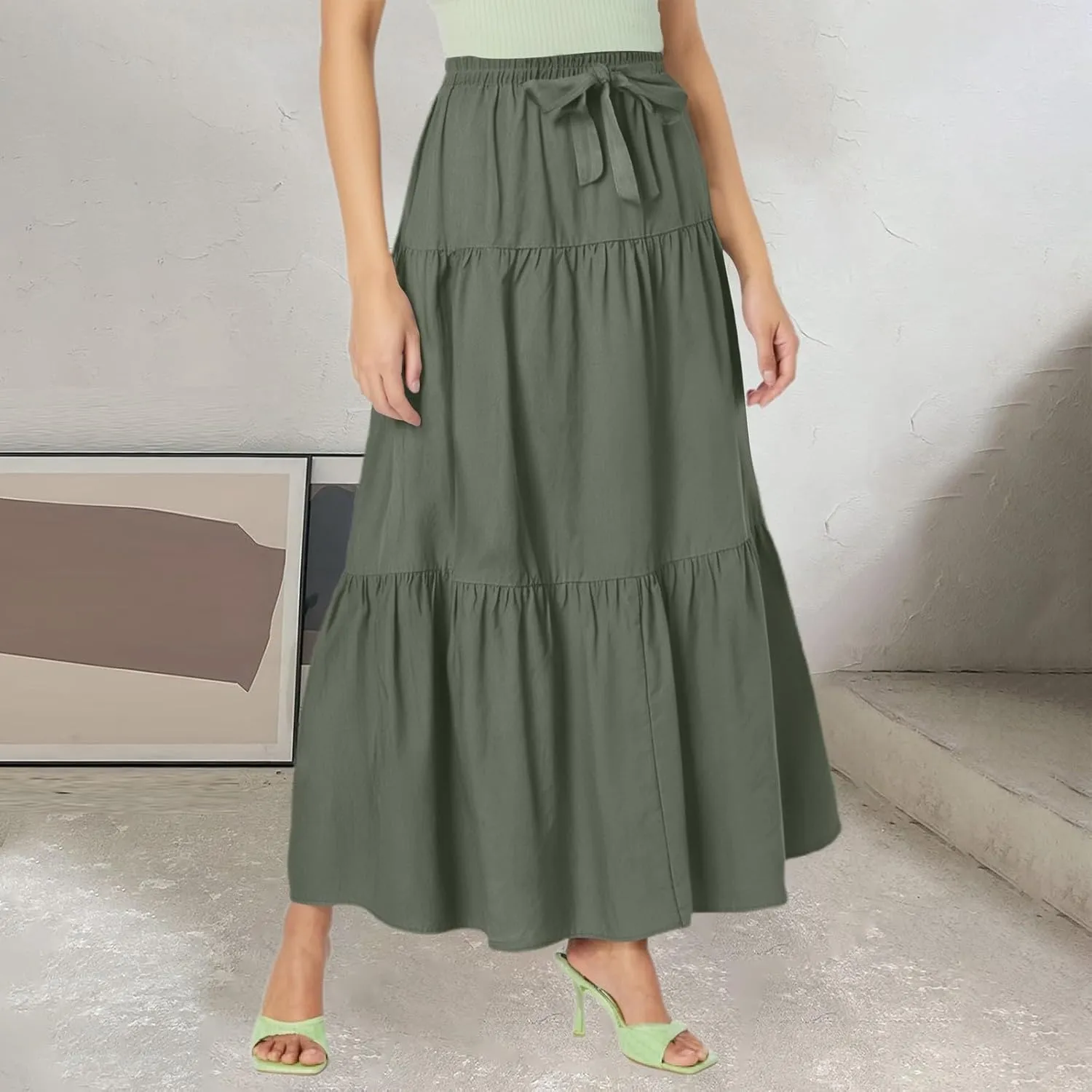 Skirts for Women Midi Length Elastic Tie Waist Swing Tiered A-Line Flowy Pleated Boho Beach Vacation Long Skirt Dress