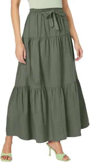 Skirts for Women Midi Length Elastic Tie Waist Swing Tiered A-Line Flowy Pleated Boho Beach Vacation Long Skirt Dress