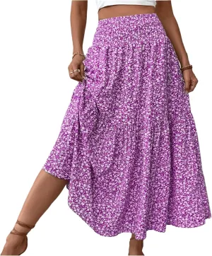 Skirts for Women Summer Comfy High Elastic Waist Maxi Skirt Casual Trendy Flowy Ruffle Printed A Line Boho Cute Skirts