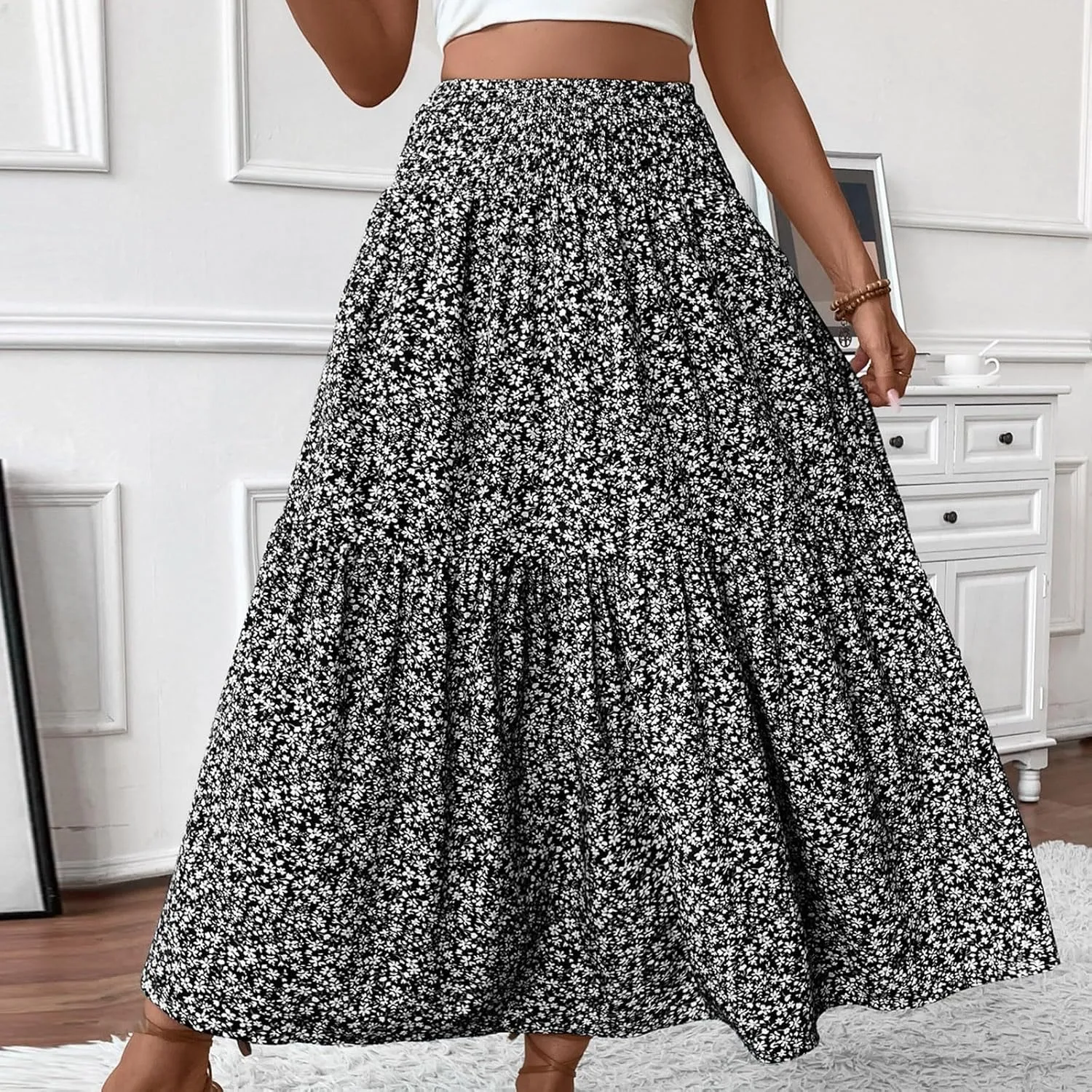 Skirts for Women Summer Comfy High Elastic Waist Maxi Skirt Casual Trendy Flowy Ruffle Printed A Line Boho Cute Skirts