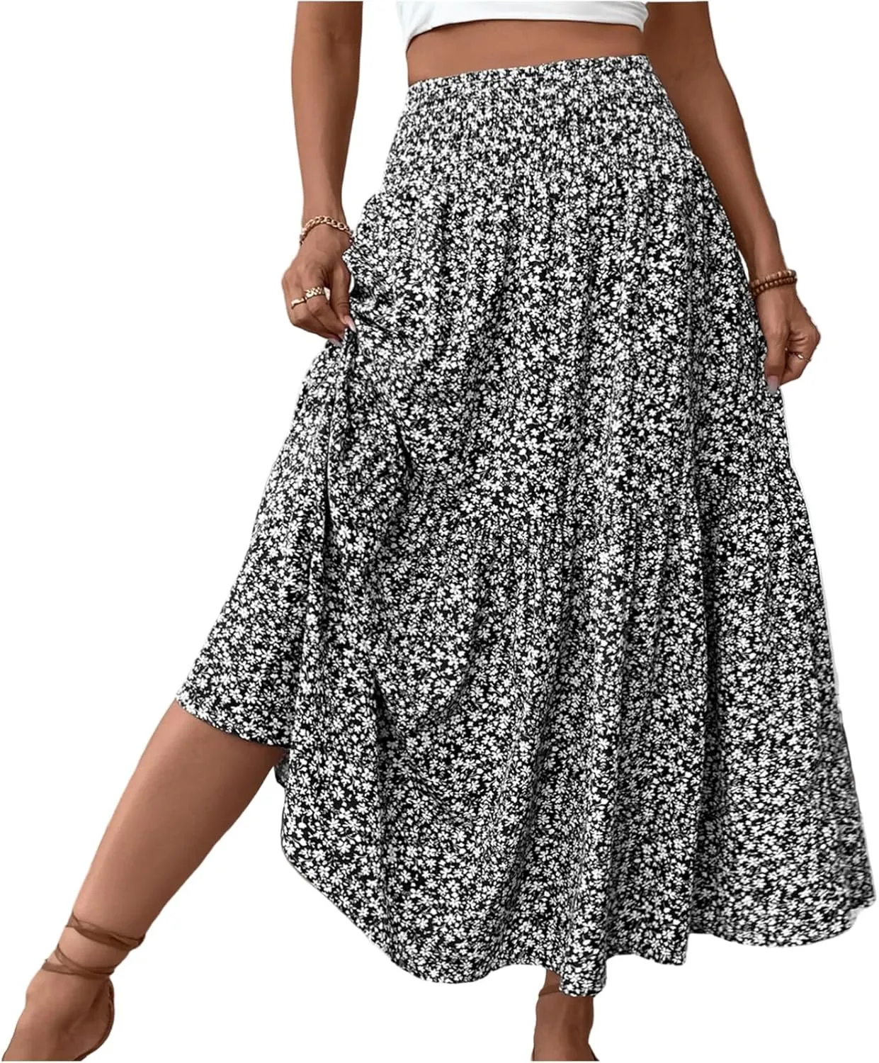Skirts for Women Summer Comfy High Elastic Waist Maxi Skirt Casual Trendy Flowy Ruffle Printed A Line Boho Cute Skirts