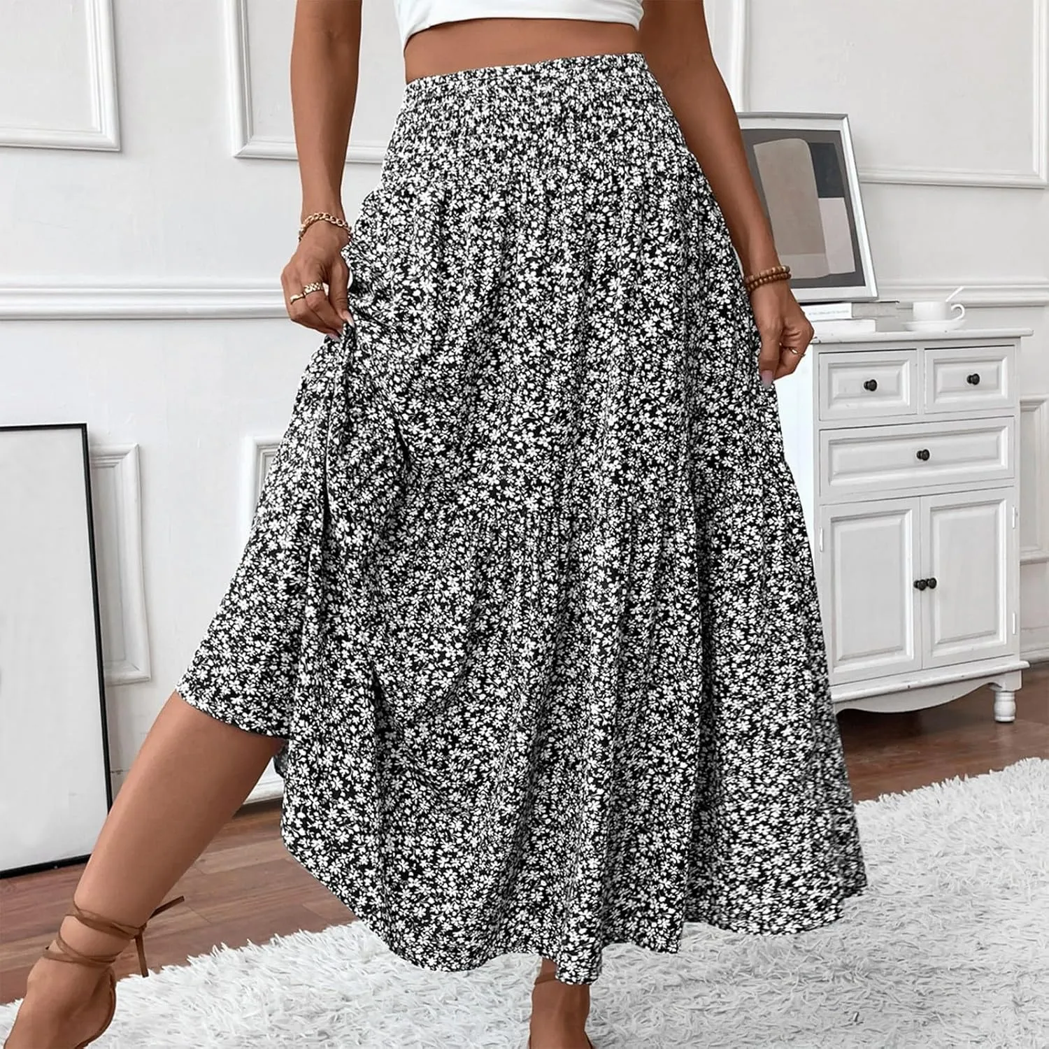 Skirts for Women Summer Comfy High Elastic Waist Maxi Skirt Casual Trendy Flowy Ruffle Printed A Line Boho Cute Skirts