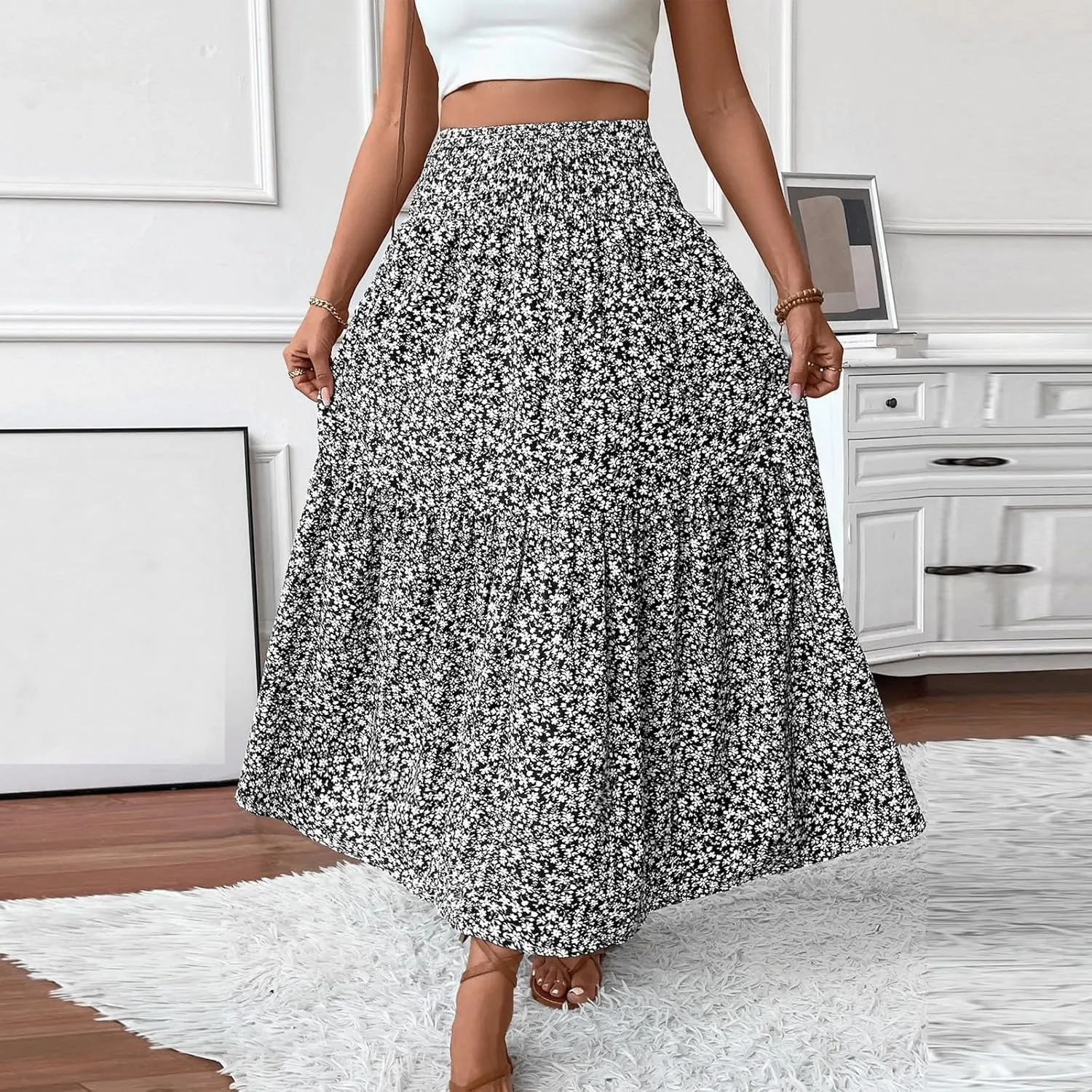 Skirts for Women Summer Comfy High Elastic Waist Maxi Skirt Casual Trendy Flowy Ruffle Printed A Line Boho Cute Skirts