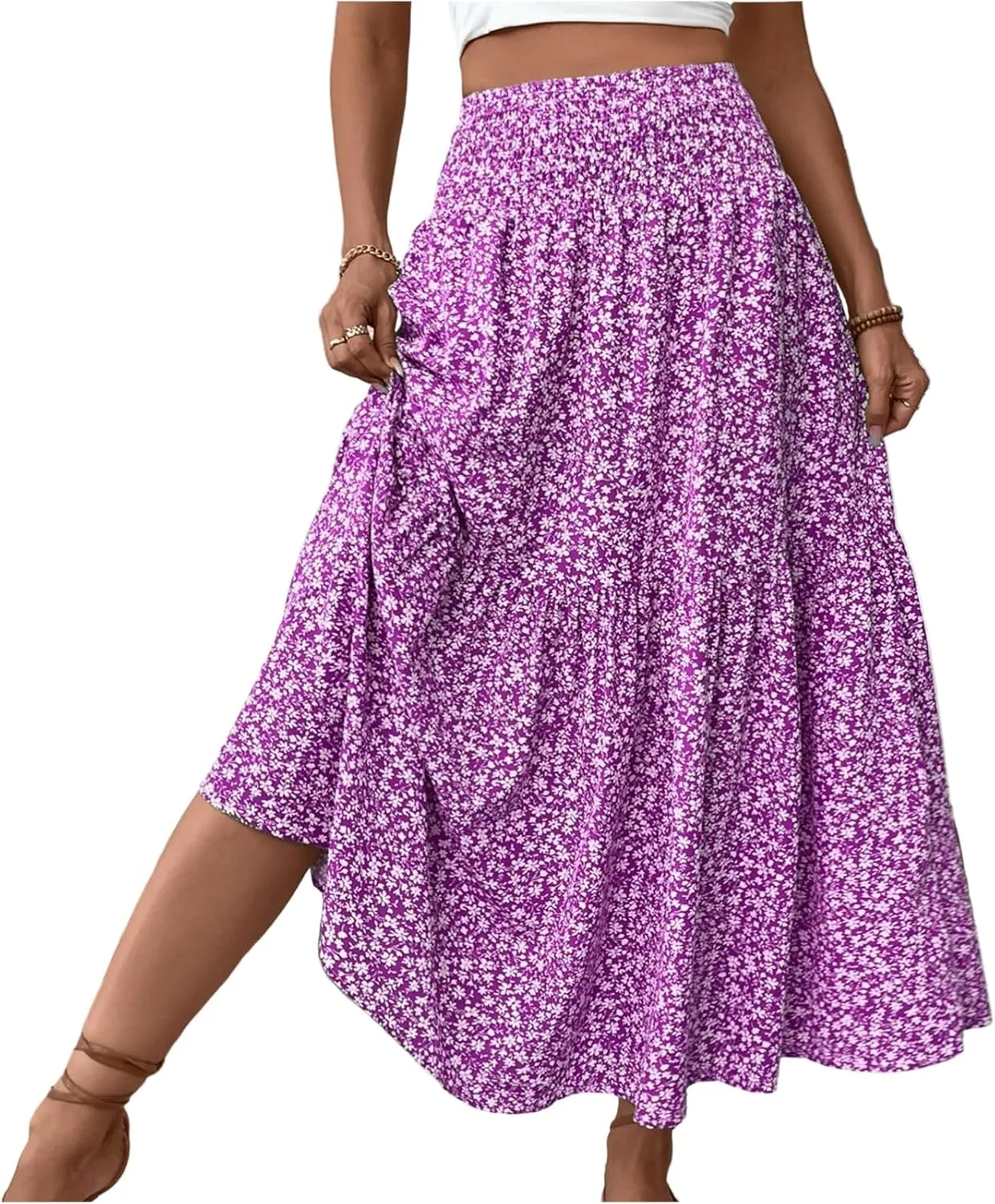 Skirts for Women Summer Comfy High Elastic Waist Maxi Skirt Casual Trendy Flowy Ruffle Printed A Line Boho Cute Skirts
