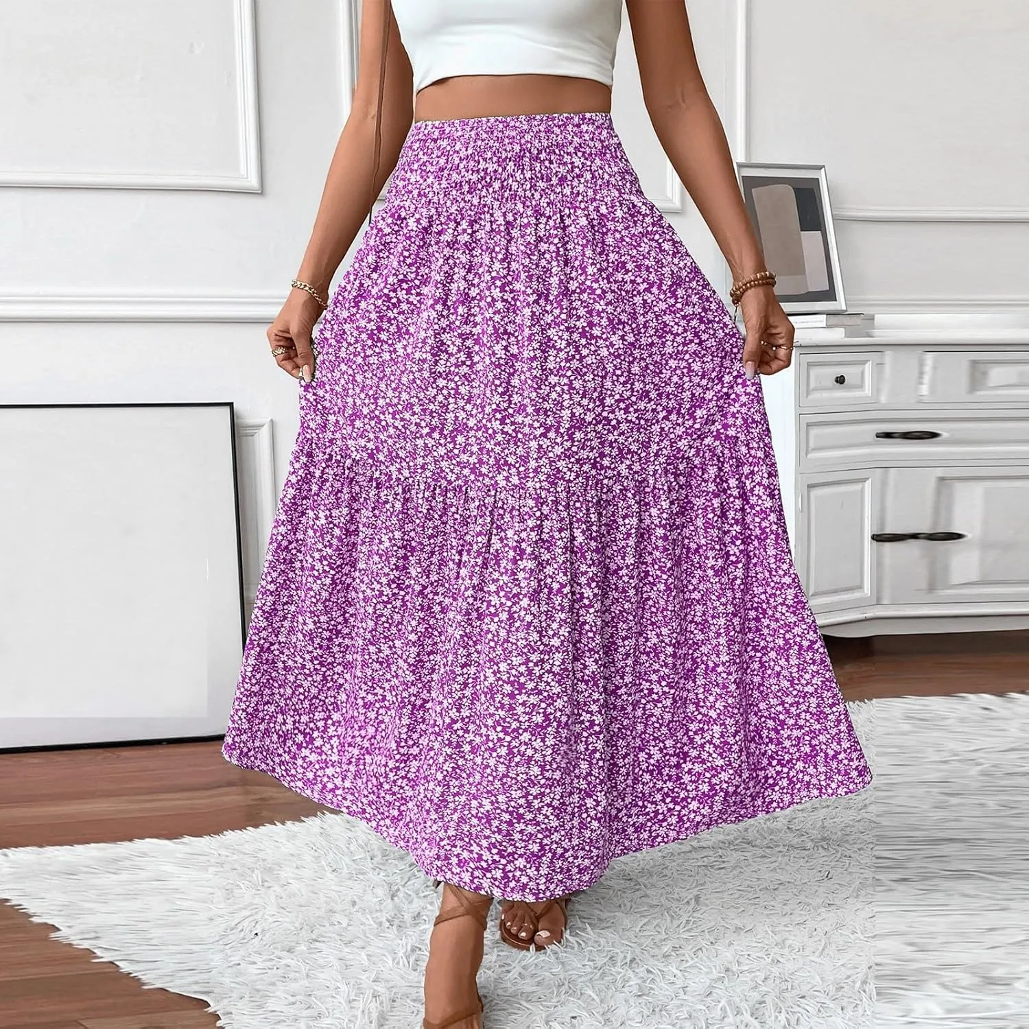 Skirts for Women Summer Comfy High Elastic Waist Maxi Skirt Casual Trendy Flowy Ruffle Printed A Line Boho Cute Skirts