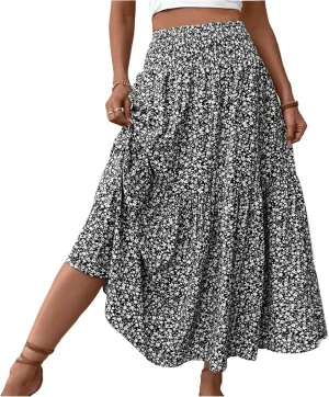 Skirts for Women Summer Comfy High Elastic Waist Maxi Skirt Casual Trendy Flowy Ruffle Printed A Line Boho Cute Skirts