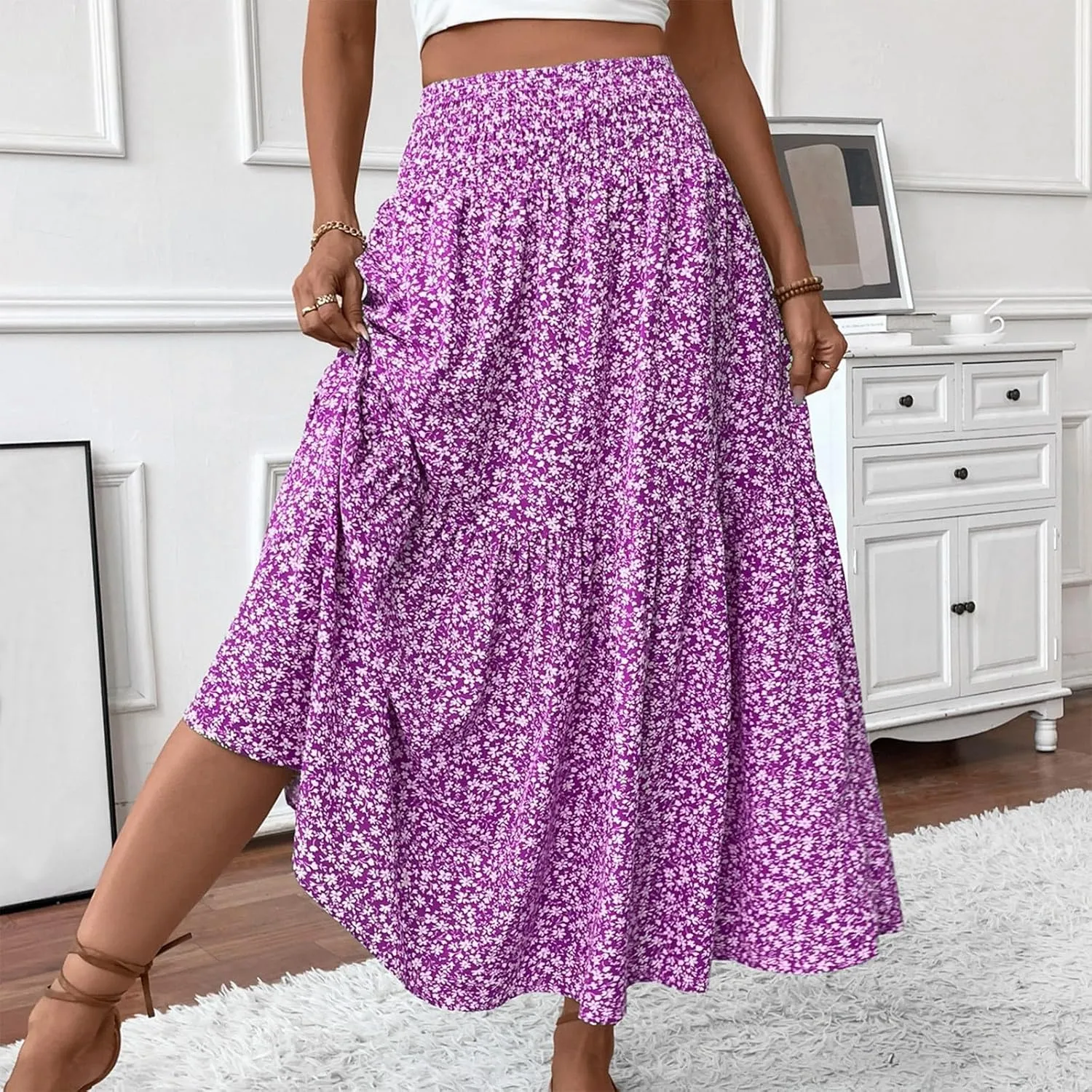 Skirts for Women Summer Comfy High Elastic Waist Maxi Skirt Casual Trendy Flowy Ruffle Printed A Line Boho Cute Skirts