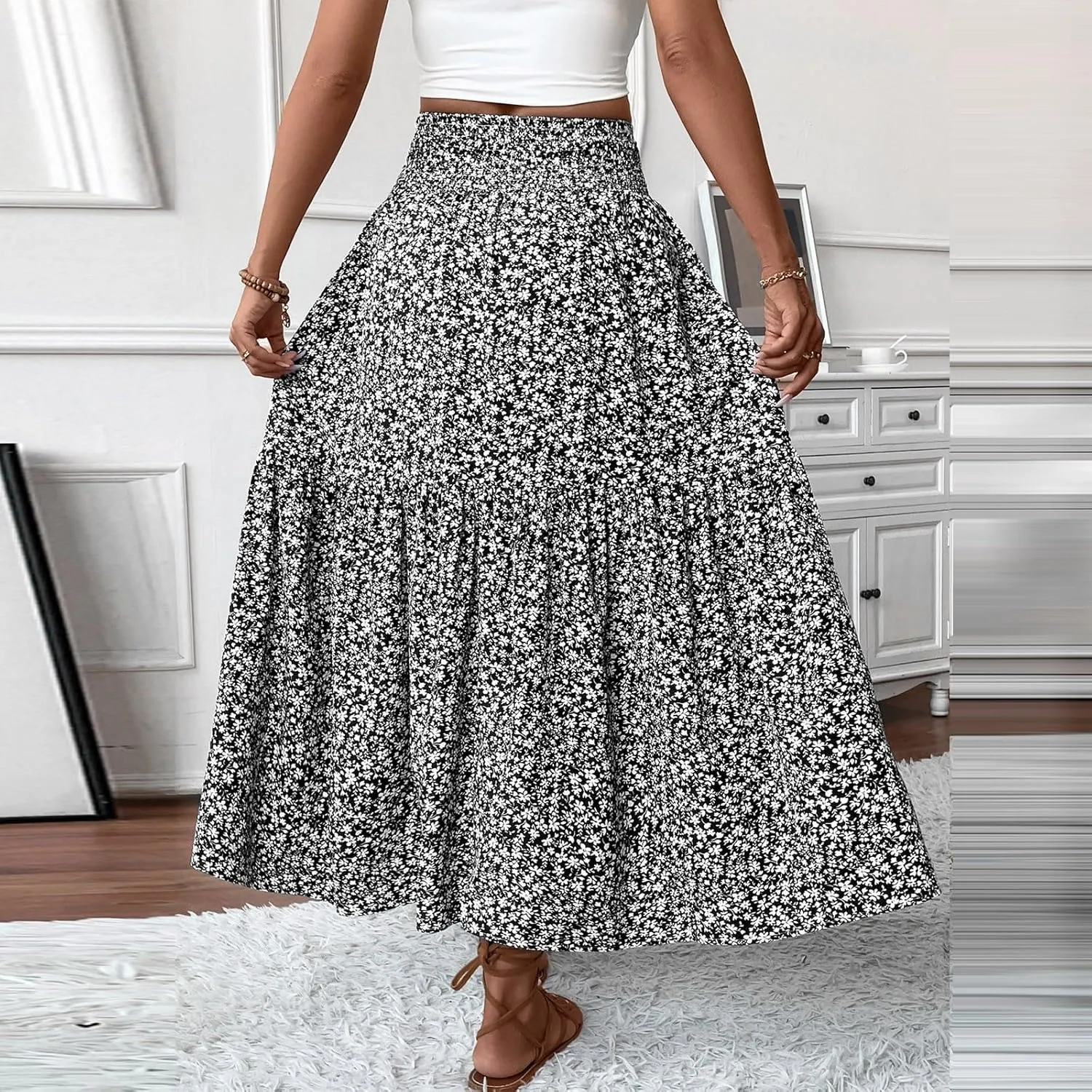 Skirts for Women Summer Comfy High Elastic Waist Maxi Skirt Casual Trendy Flowy Ruffle Printed A Line Boho Cute Skirts