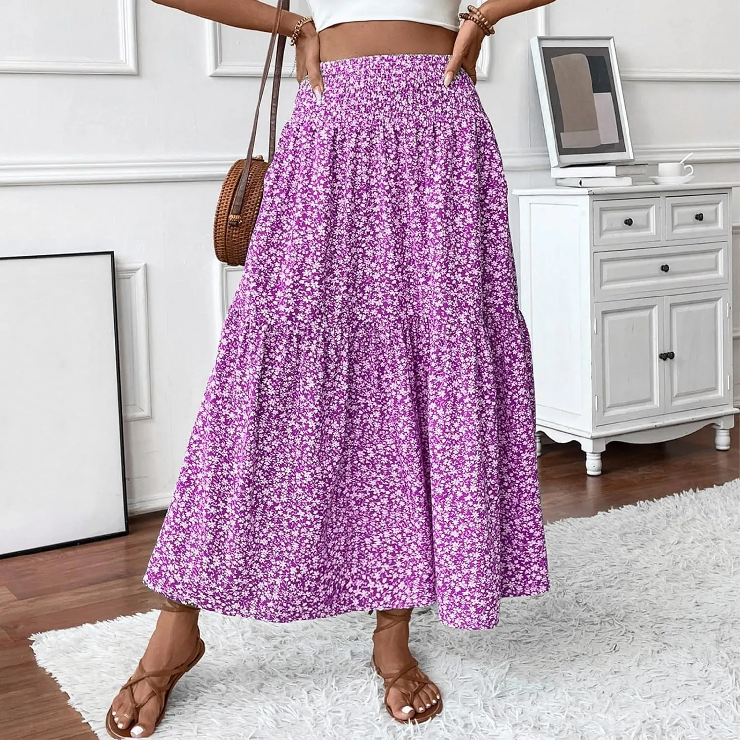 Skirts for Women Summer Comfy High Elastic Waist Maxi Skirt Casual Trendy Flowy Ruffle Printed A Line Boho Cute Skirts