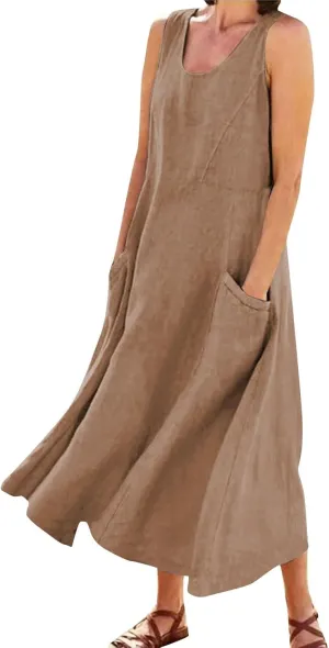 Sleeveless Dresses for Womens 2025 Casual Beach Cotton Linen Vintage Printed Plus Size Maxi Sundress with Pockets
