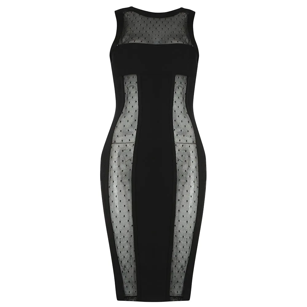 Sleeveless O Neck Mesh Transparent Black Mini Bodycon Bandage Dress