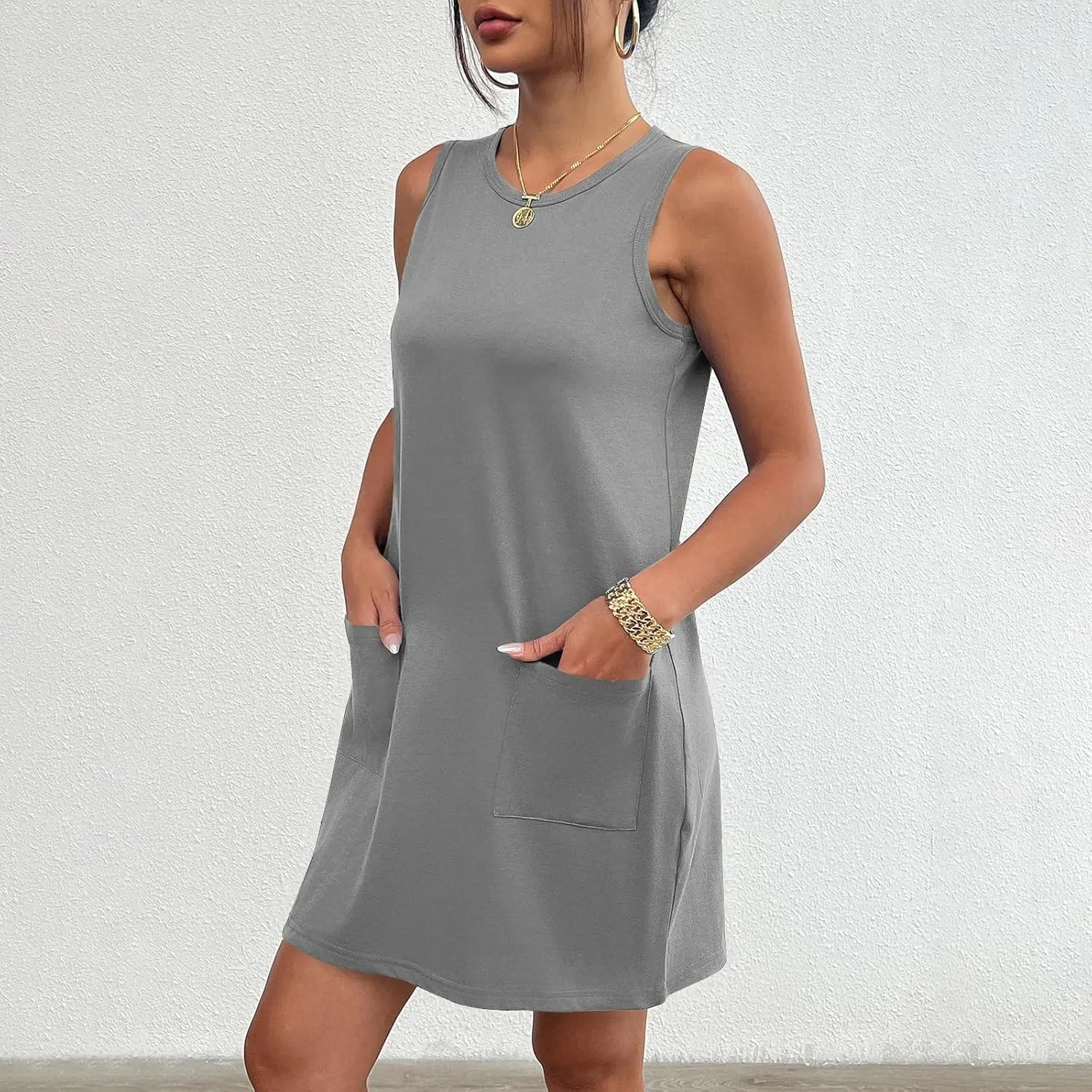 Sleeveless Tshirt Dress Women Summer Casual Crew Neck Sleeveless Sundress Loose Knee Length Beach Sun Dress with Pockets