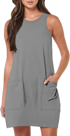 Sleeveless Tshirt Dress Women Summer Casual Crew Neck Sleeveless Sundress Loose Knee Length Beach Sun Dress with Pockets