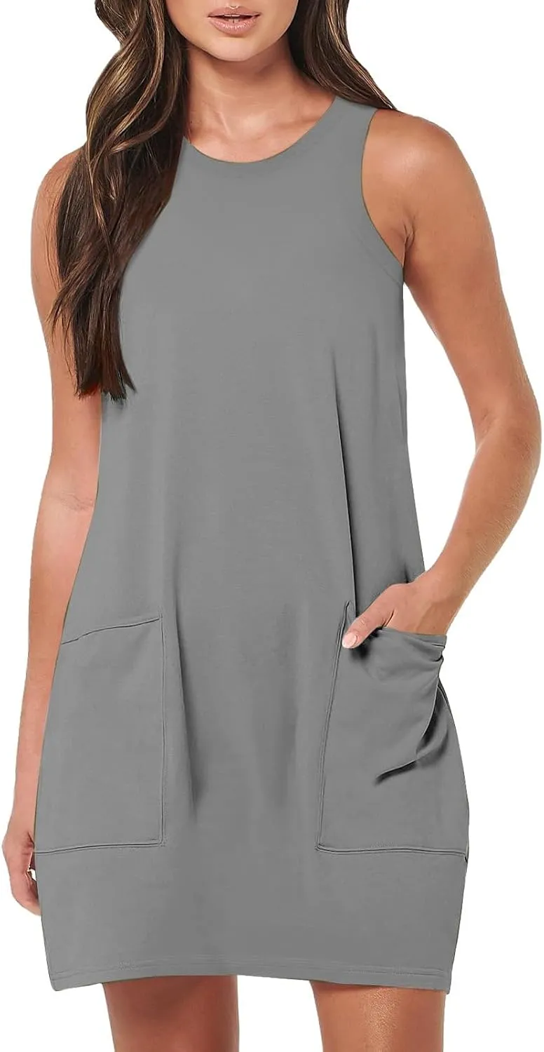 Sleeveless Tshirt Dress Women Summer Casual Crew Neck Sleeveless Sundress Loose Knee Length Beach Sun Dress with Pockets