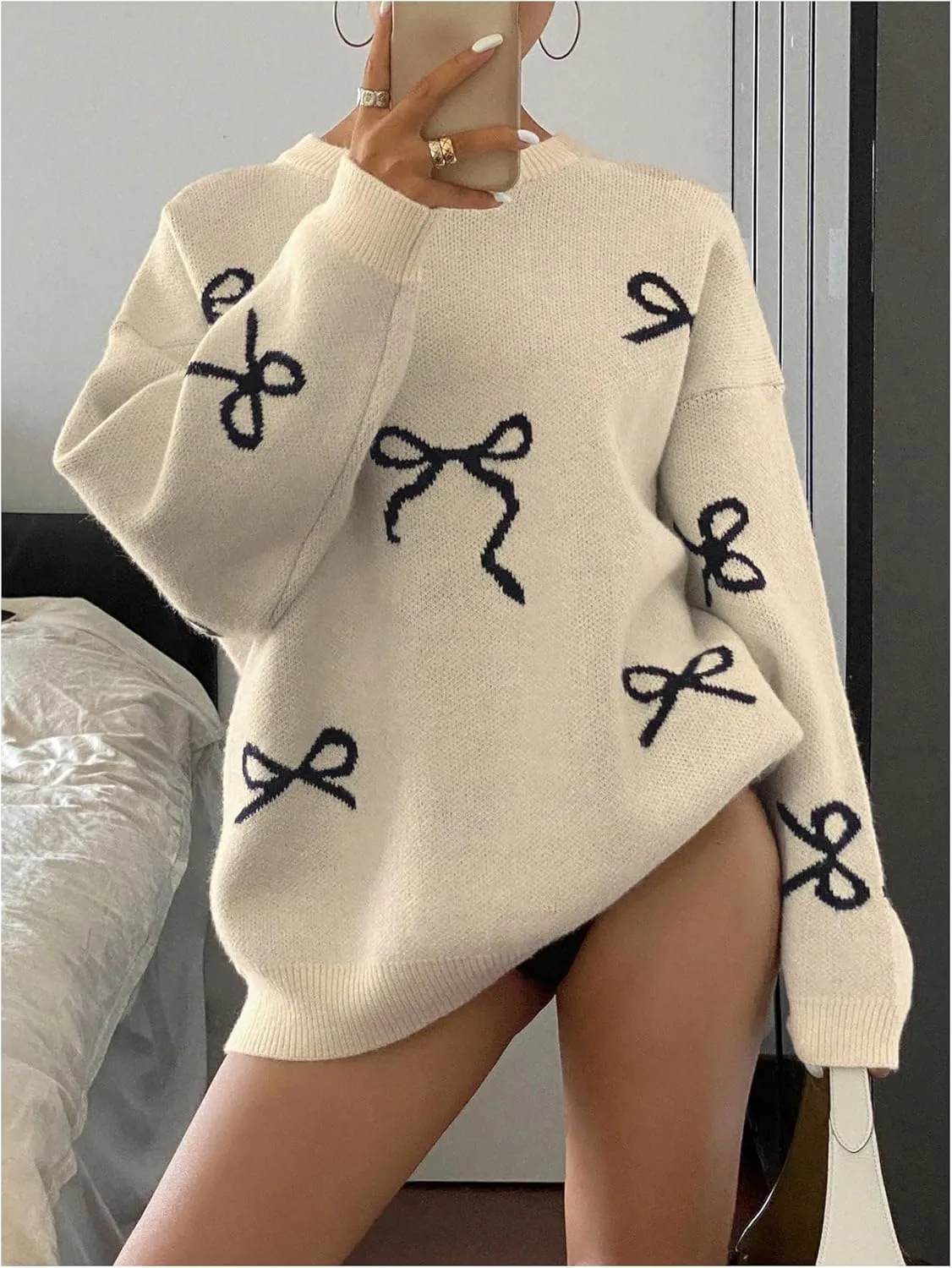SOLY HUX Oversized Sweaters for Women Y2k Bow Print Crew Neck Drop Shoulder Long Sleeve Knit Pullover Tops