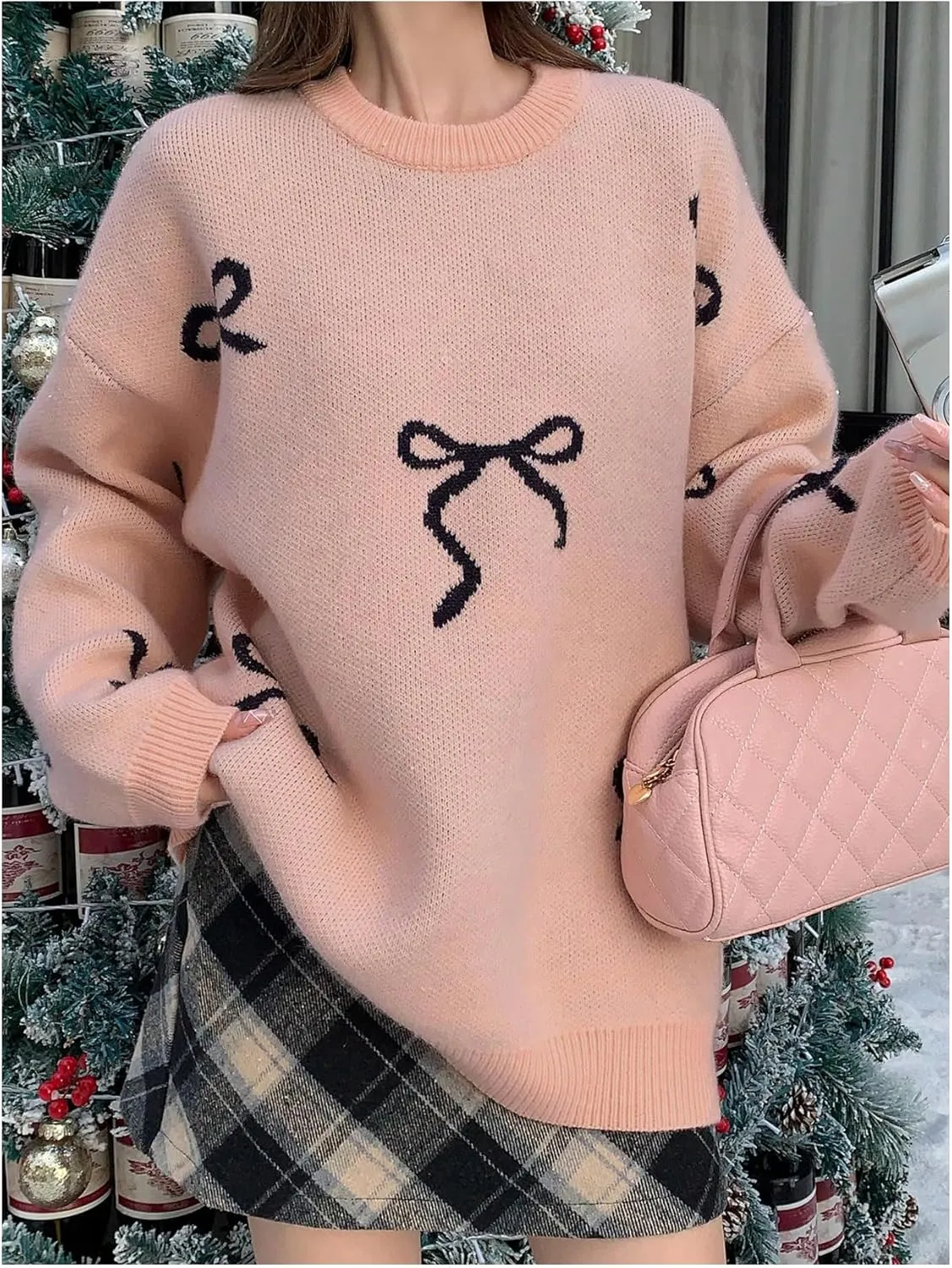 SOLY HUX Oversized Sweaters for Women Y2k Bow Print Crew Neck Drop Shoulder Long Sleeve Knit Pullover Tops