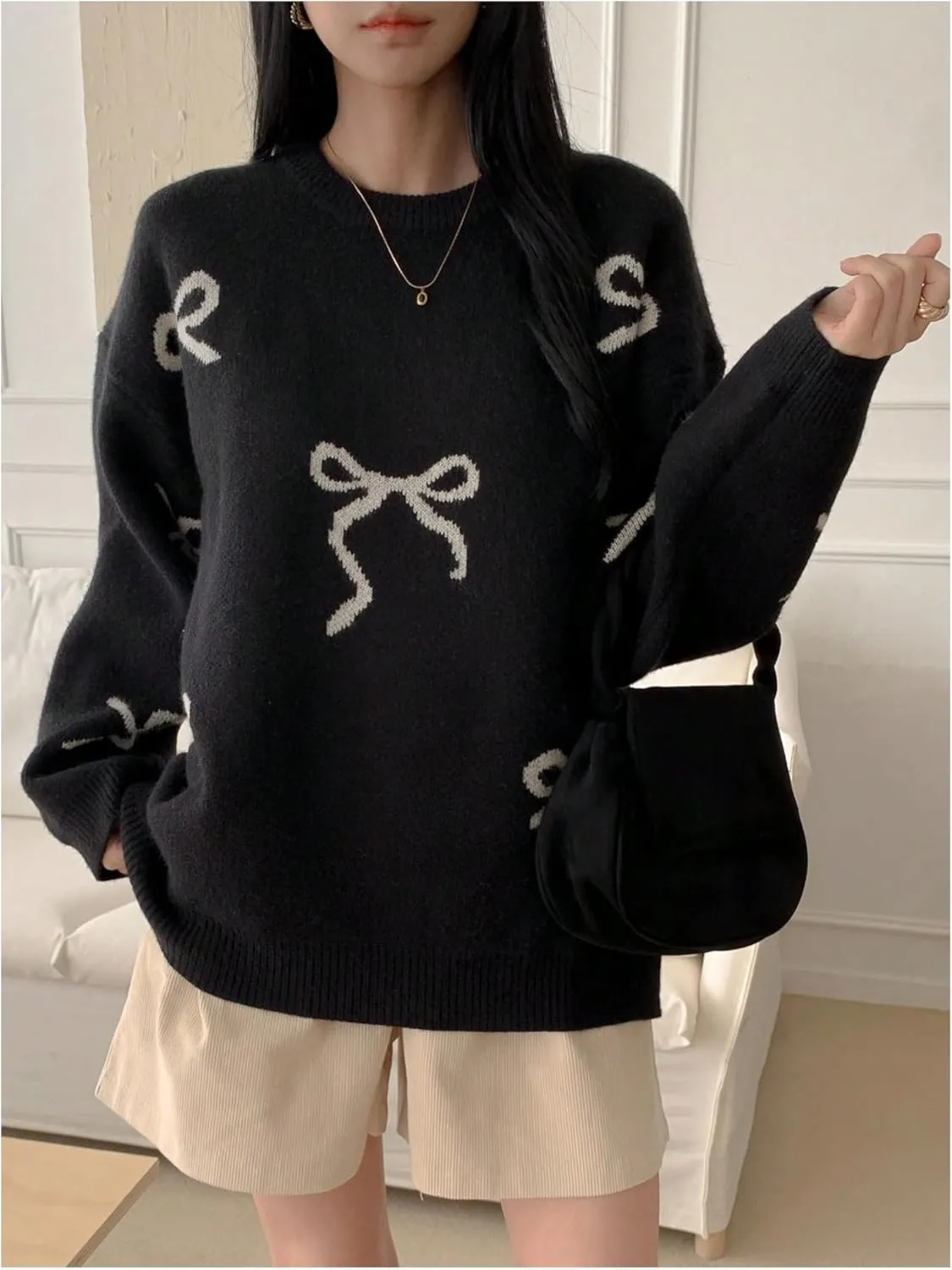 SOLY HUX Oversized Sweaters for Women Y2k Bow Print Crew Neck Drop Shoulder Long Sleeve Knit Pullover Tops