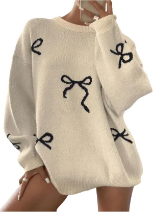 SOLY HUX Oversized Sweaters for Women Y2k Bow Print Crew Neck Drop Shoulder Long Sleeve Knit Pullover Tops