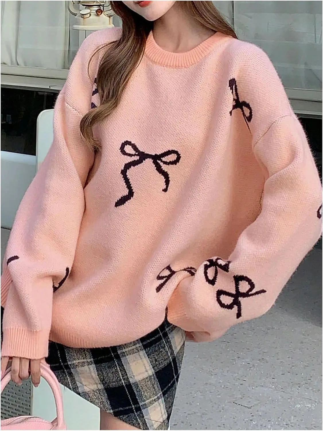 SOLY HUX Oversized Sweaters for Women Y2k Bow Print Crew Neck Drop Shoulder Long Sleeve Knit Pullover Tops