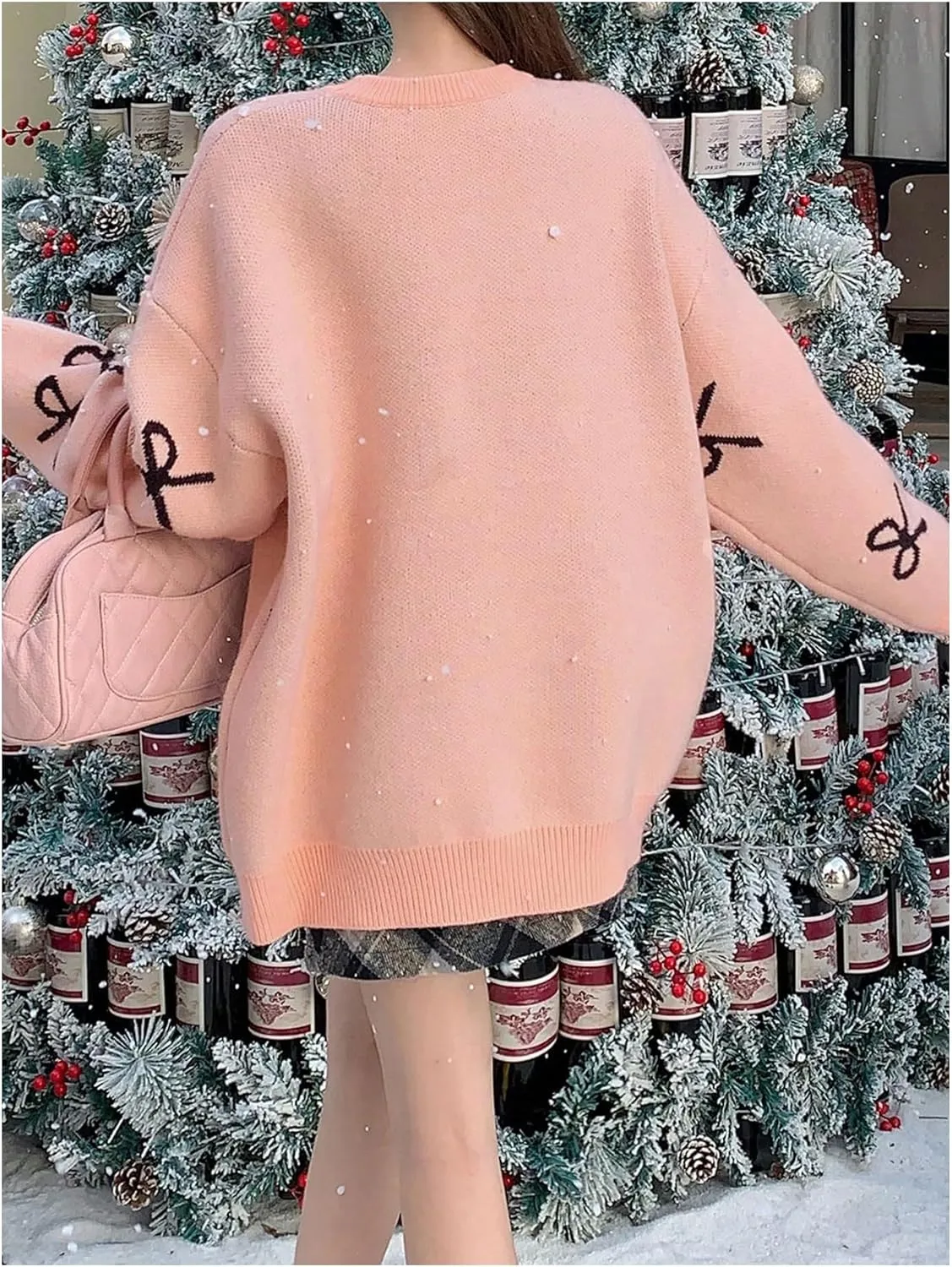 SOLY HUX Oversized Sweaters for Women Y2k Bow Print Crew Neck Drop Shoulder Long Sleeve Knit Pullover Tops