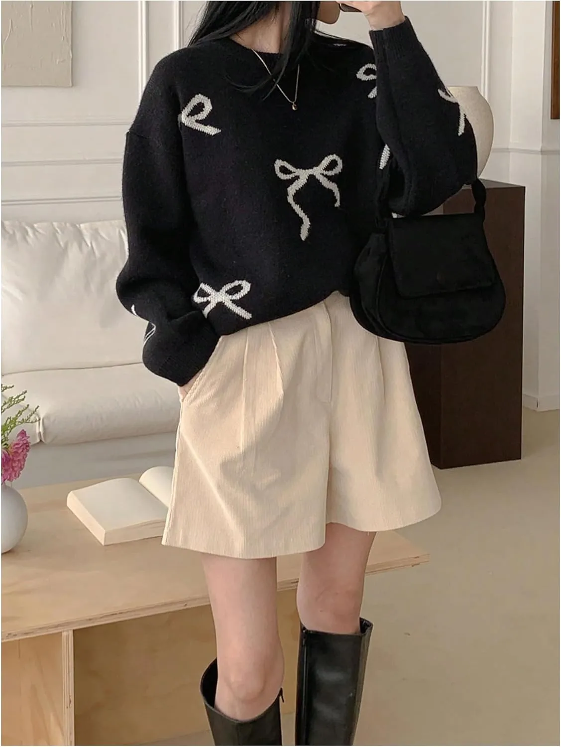 SOLY HUX Oversized Sweaters for Women Y2k Bow Print Crew Neck Drop Shoulder Long Sleeve Knit Pullover Tops