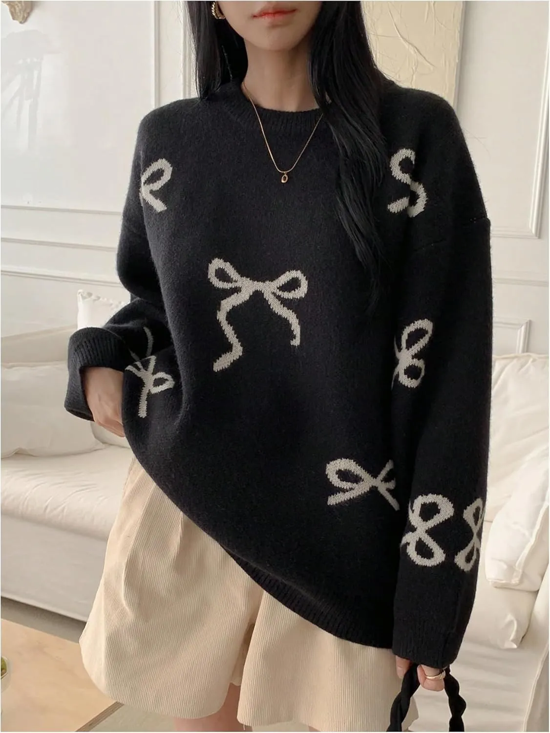 SOLY HUX Oversized Sweaters for Women Y2k Bow Print Crew Neck Drop Shoulder Long Sleeve Knit Pullover Tops