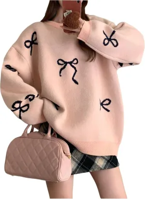 SOLY HUX Oversized Sweaters for Women Y2k Bow Print Crew Neck Drop Shoulder Long Sleeve Knit Pullover Tops
