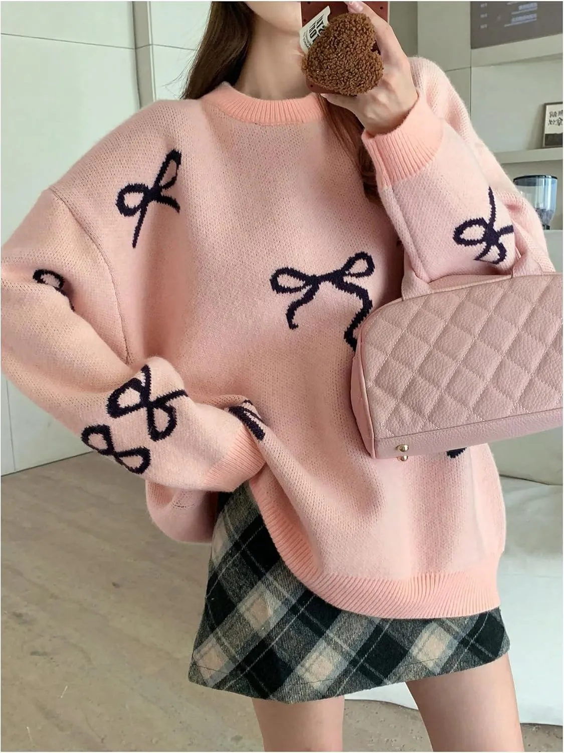 SOLY HUX Oversized Sweaters for Women Y2k Bow Print Crew Neck Drop Shoulder Long Sleeve Knit Pullover Tops