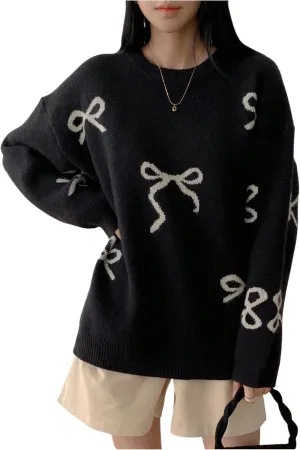SOLY HUX Oversized Sweaters for Women Y2k Bow Print Crew Neck Drop Shoulder Long Sleeve Knit Pullover Tops