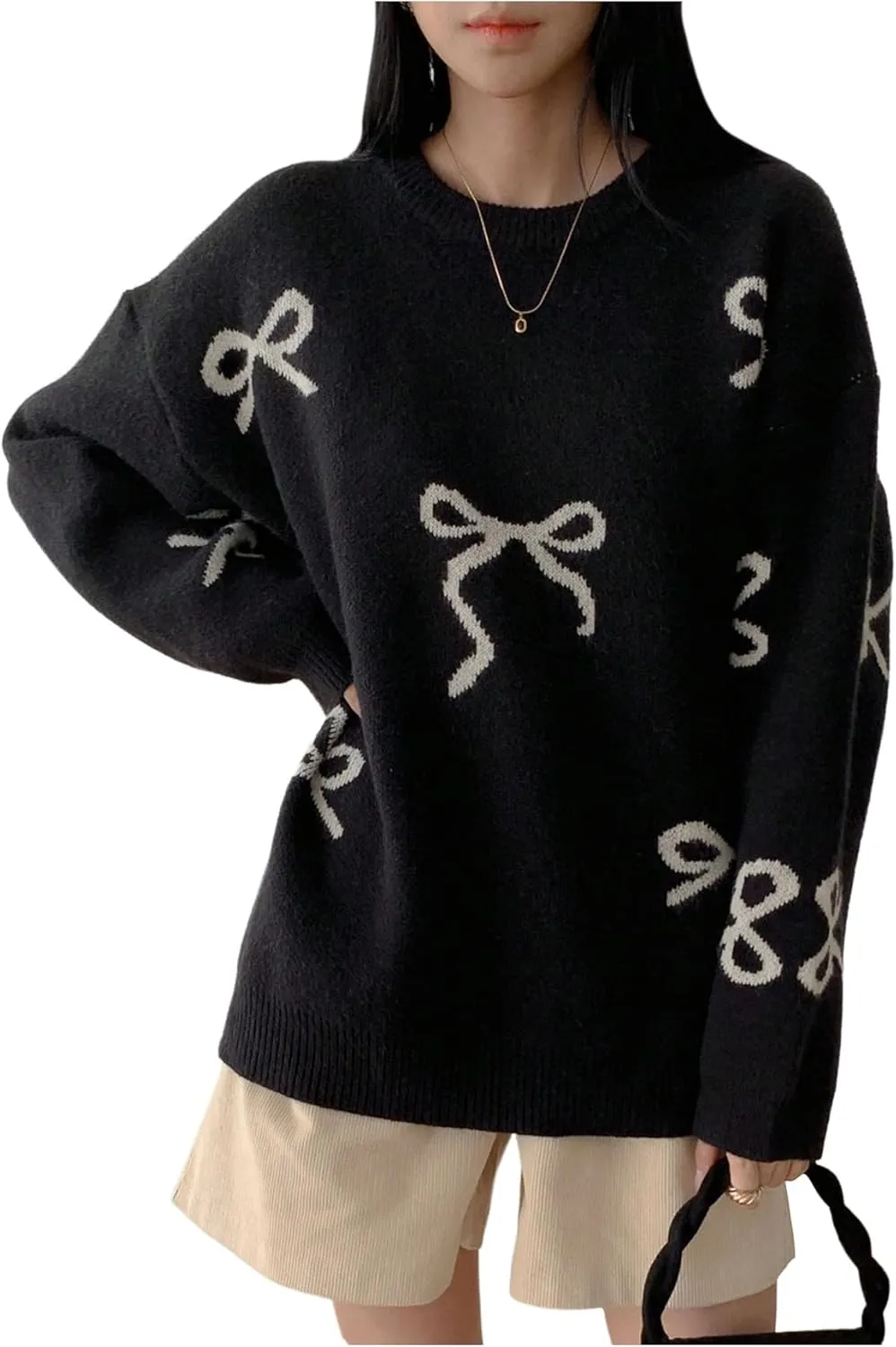 SOLY HUX Oversized Sweaters for Women Y2k Bow Print Crew Neck Drop Shoulder Long Sleeve Knit Pullover Tops