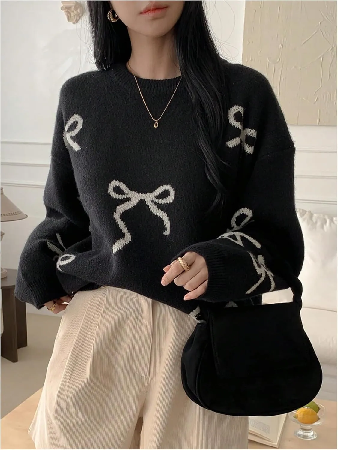 SOLY HUX Oversized Sweaters for Women Y2k Bow Print Crew Neck Drop Shoulder Long Sleeve Knit Pullover Tops