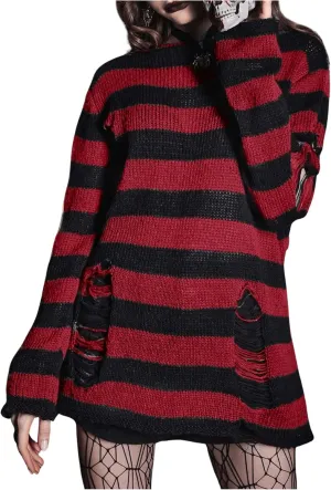 SOLY HUX Women's Gothic Striped Distressed Pullover Sweater Long Sleeve Knitted Shirts Streetwear