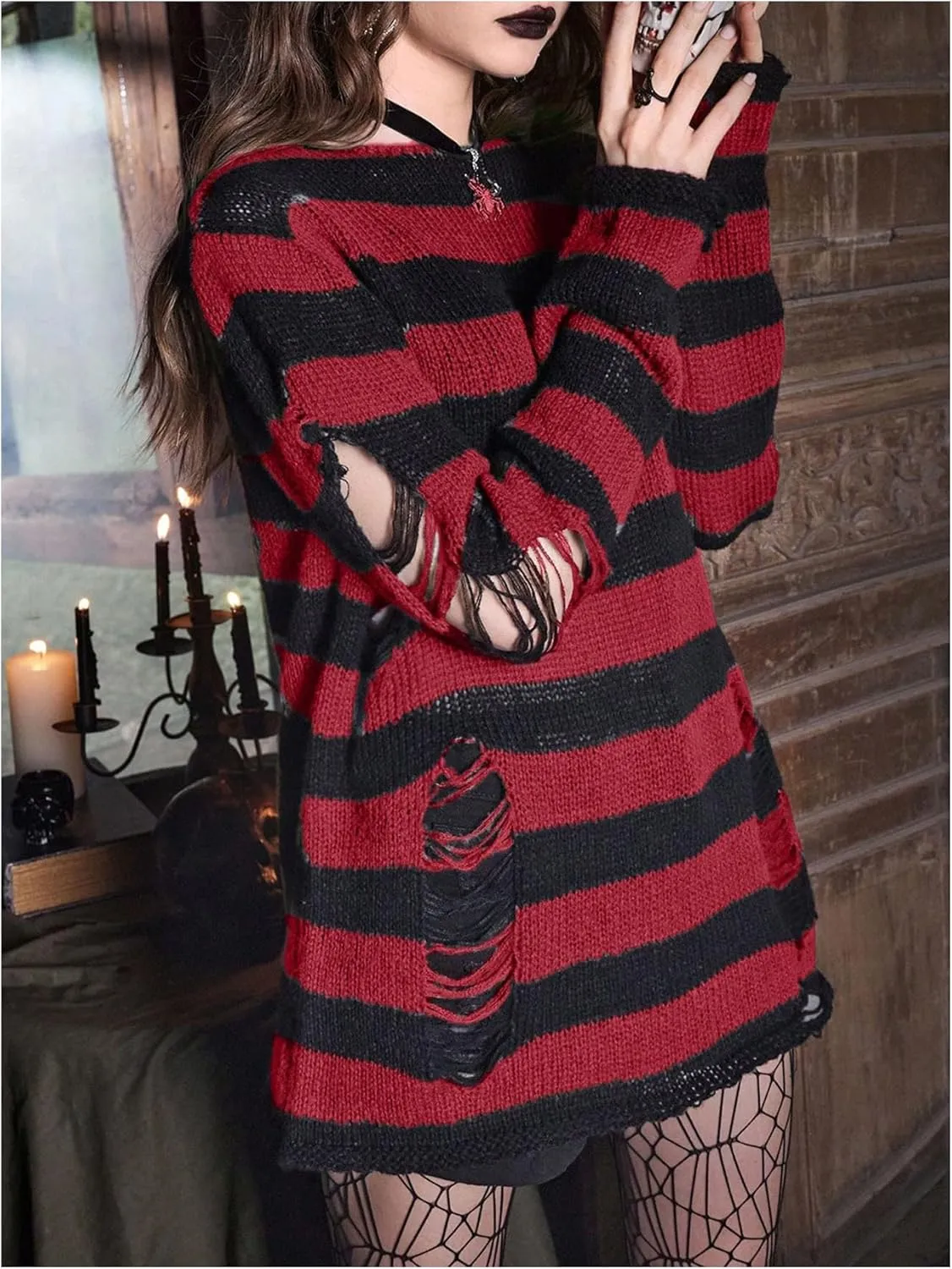 SOLY HUX Women's Gothic Striped Distressed Pullover Sweater Long Sleeve Knitted Shirts Streetwear