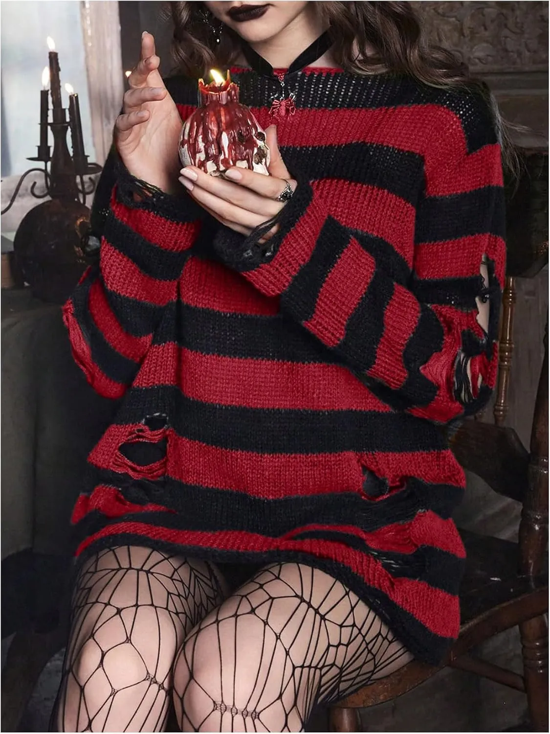 SOLY HUX Women's Gothic Striped Distressed Pullover Sweater Long Sleeve Knitted Shirts Streetwear