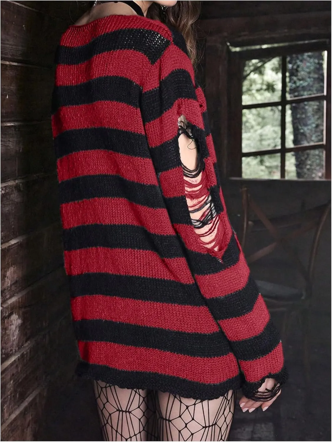 SOLY HUX Women's Gothic Striped Distressed Pullover Sweater Long Sleeve Knitted Shirts Streetwear