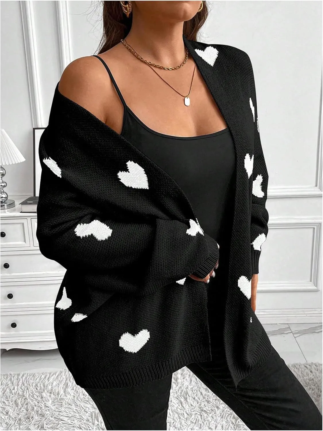 SOLY HUX Women's Plus Size Open Front Cardigan Sweaters Heart Graphic Long Sleeve Loose Sweater Outerwear