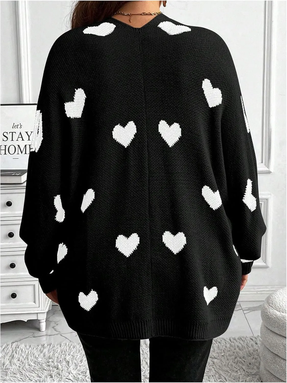 SOLY HUX Women's Plus Size Open Front Cardigan Sweaters Heart Graphic Long Sleeve Loose Sweater Outerwear