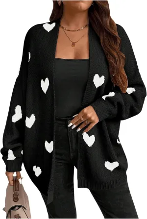 SOLY HUX Women's Plus Size Open Front Cardigan Sweaters Heart Graphic Long Sleeve Loose Sweater Outerwear