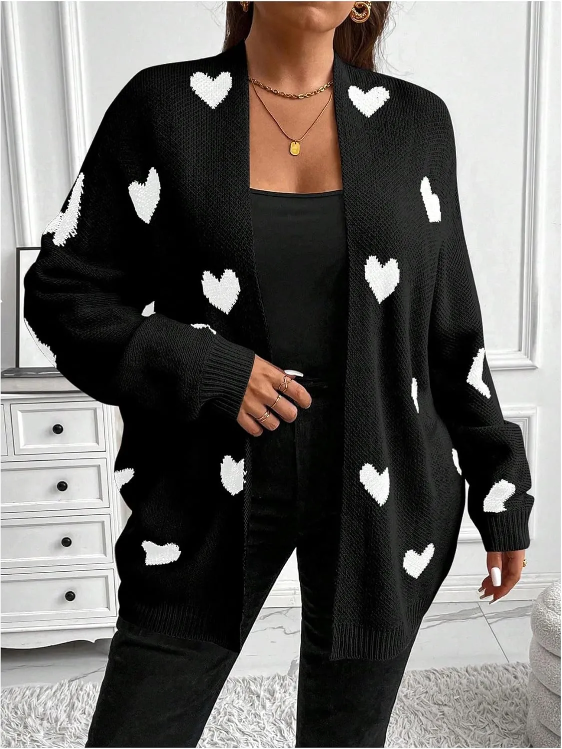 SOLY HUX Women's Plus Size Open Front Cardigan Sweaters Heart Graphic Long Sleeve Loose Sweater Outerwear