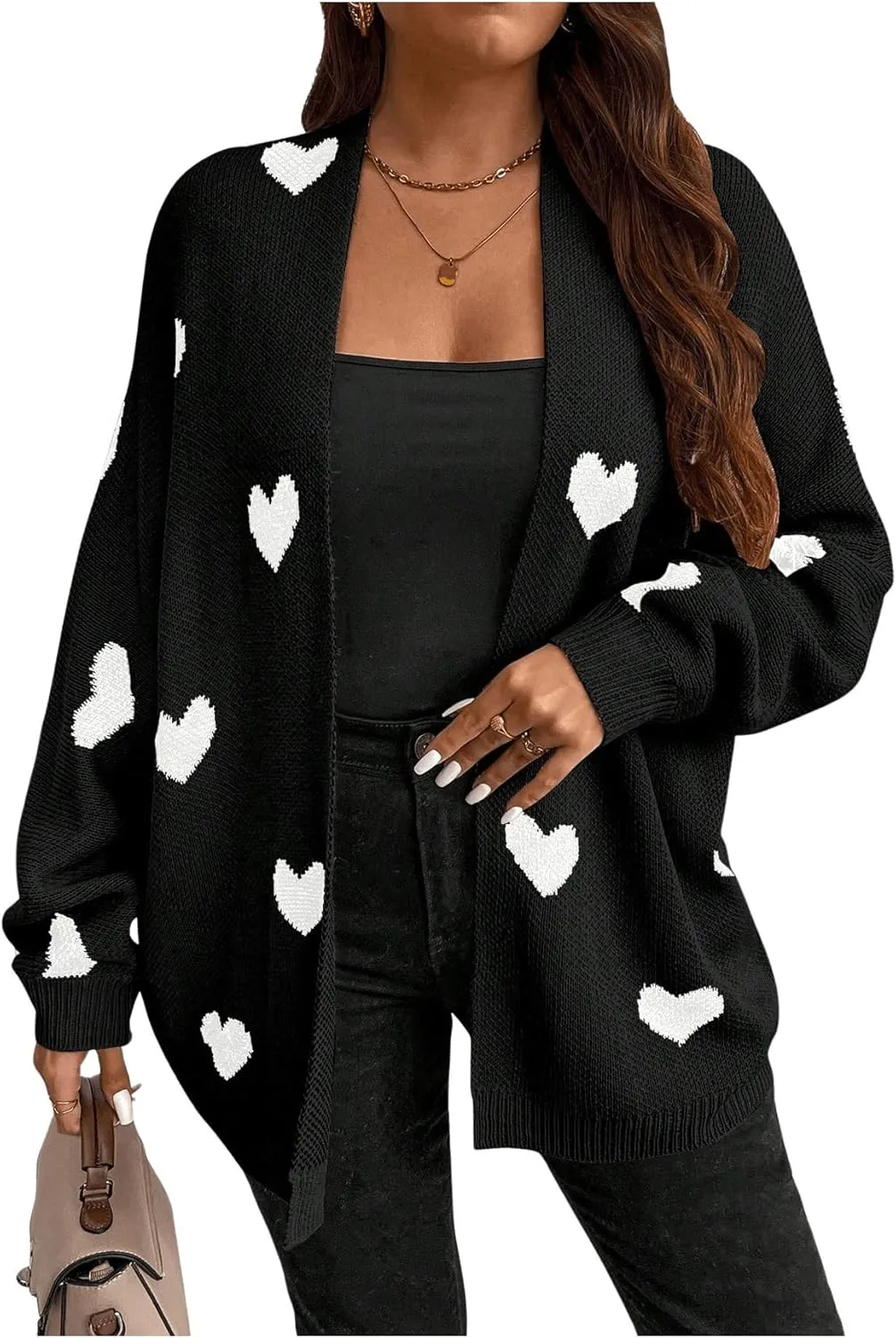SOLY HUX Women's Plus Size Open Front Cardigan Sweaters Heart Graphic Long Sleeve Loose Sweater Outerwear