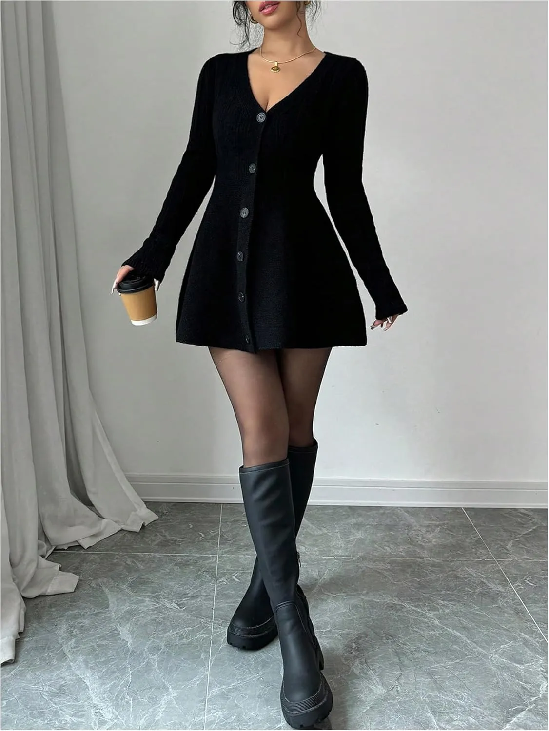 SOLY HUX Women's Sweater Dress Button Down V Neck Long Sleeve Knit A Line Mini Dresses