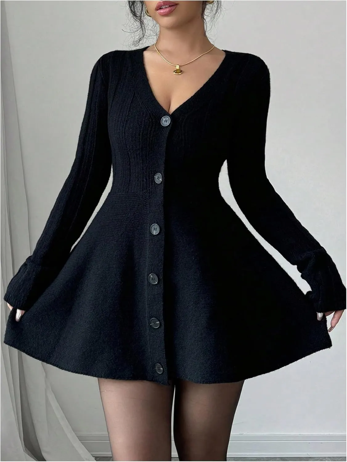 SOLY HUX Women's Sweater Dress Button Down V Neck Long Sleeve Knit A Line Mini Dresses